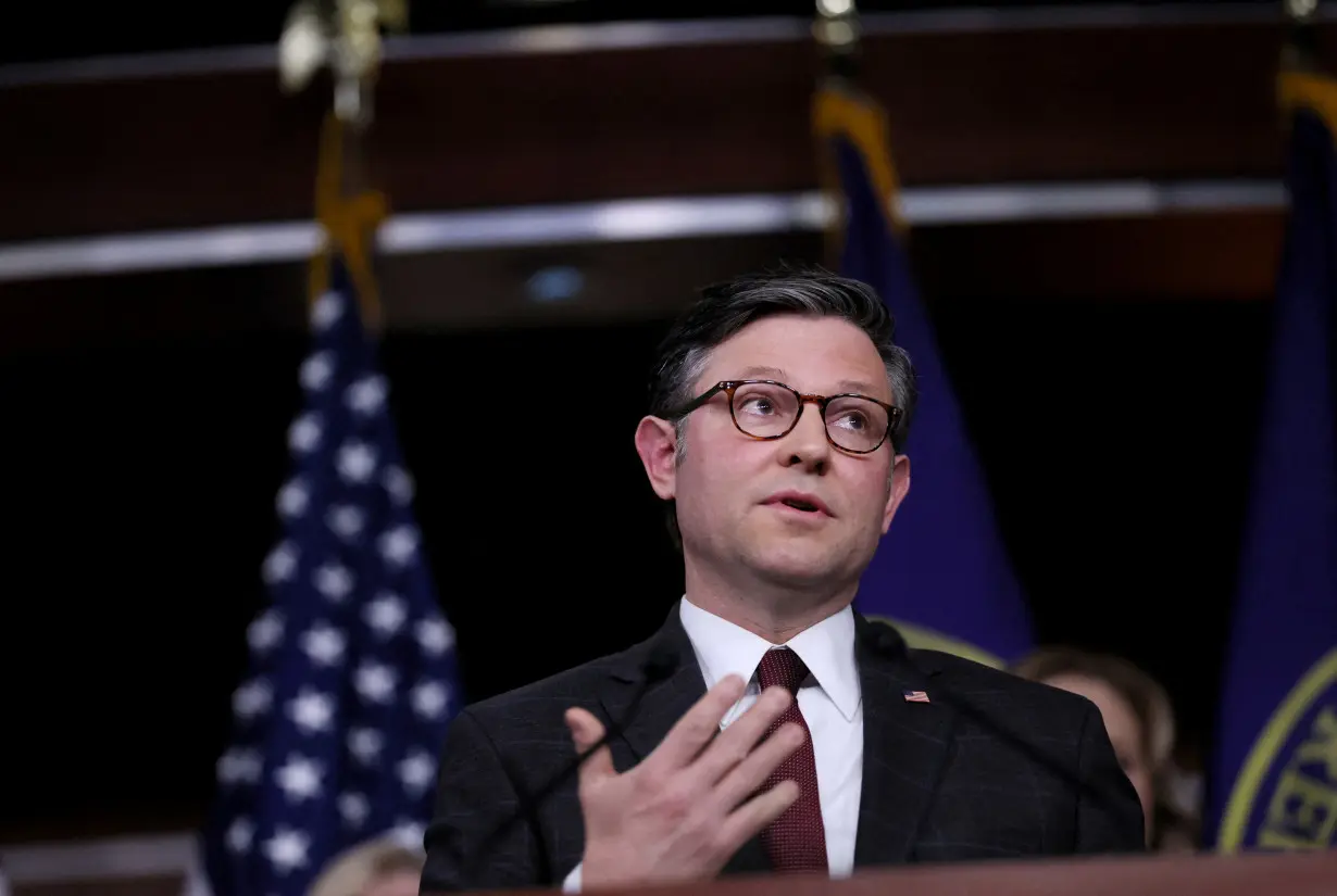 House Speaker Mike Johnson (R-LA) takes questions during a press conference at the U.S. Capitol building in Washington