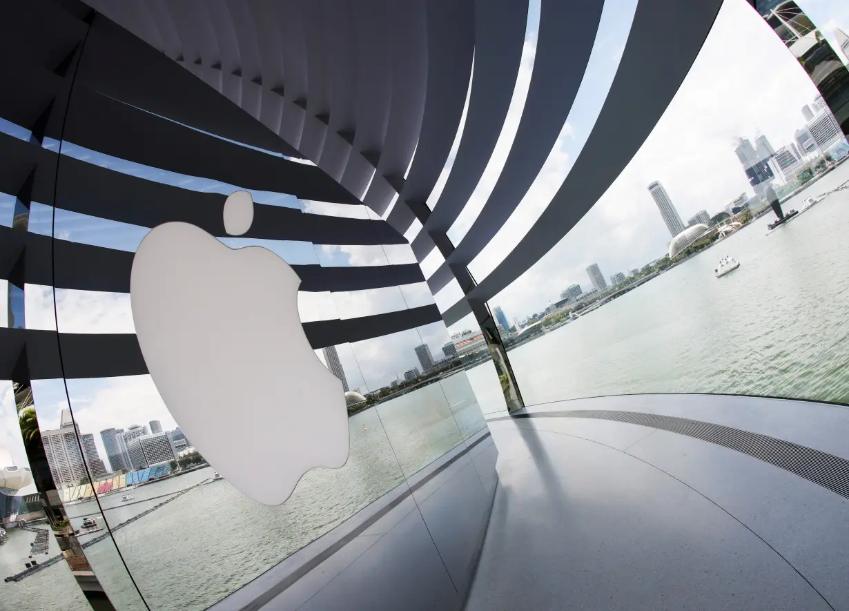 A logo of Apple is seen outside at the upcoming Apple Marina Bay Sands store in Singapore