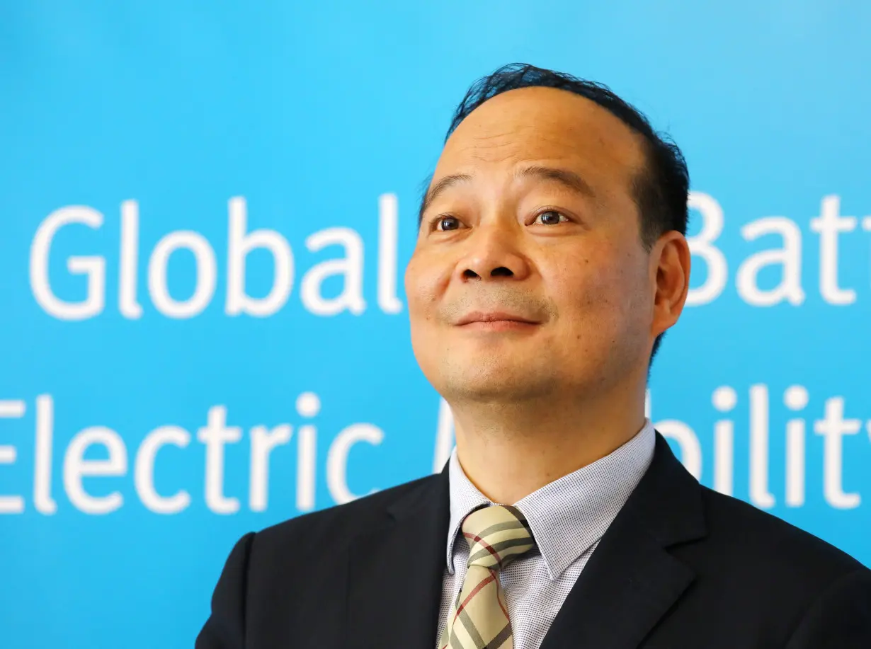 Chinese battery maker CATL CEO Robin Zeng attends a news conference in Berlin