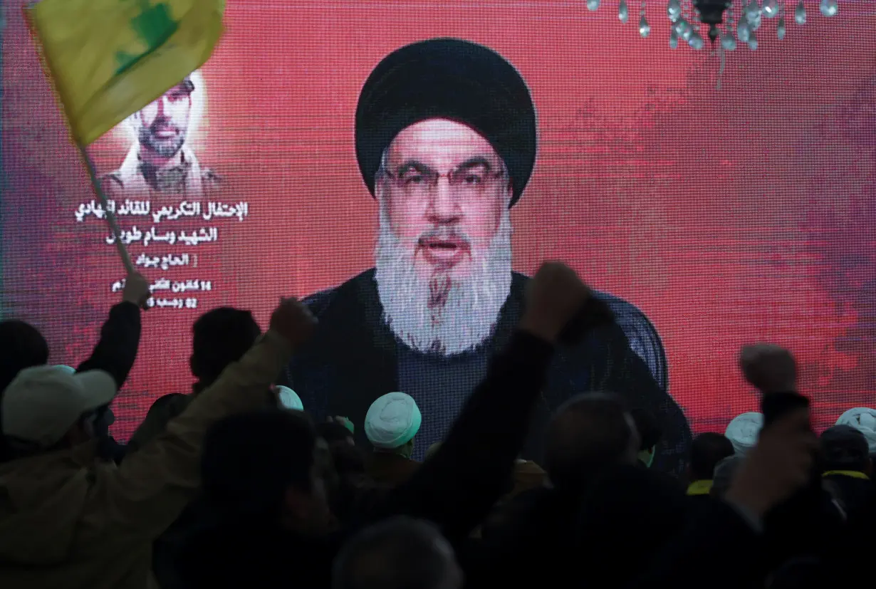 FILE PHOTO: Lebanon's Hezbollah leader Sayyed Hassan Nasrallah gives a televised address at a memorial ceremony, in Khirbet Silem