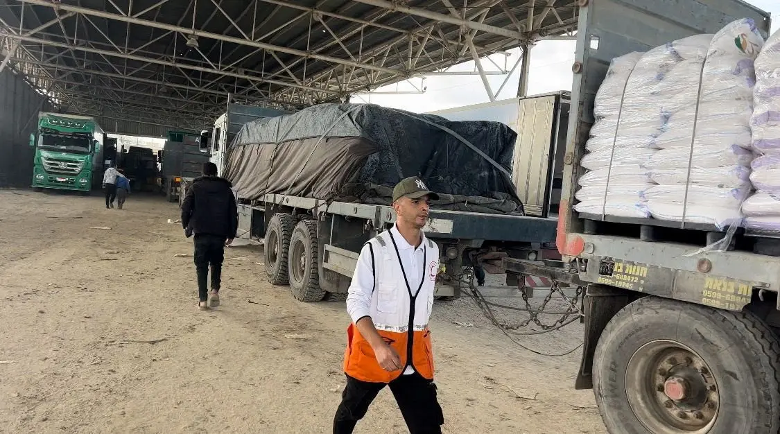 Trucks with humanitarian aid enter Gaza through the Rafah border crossing