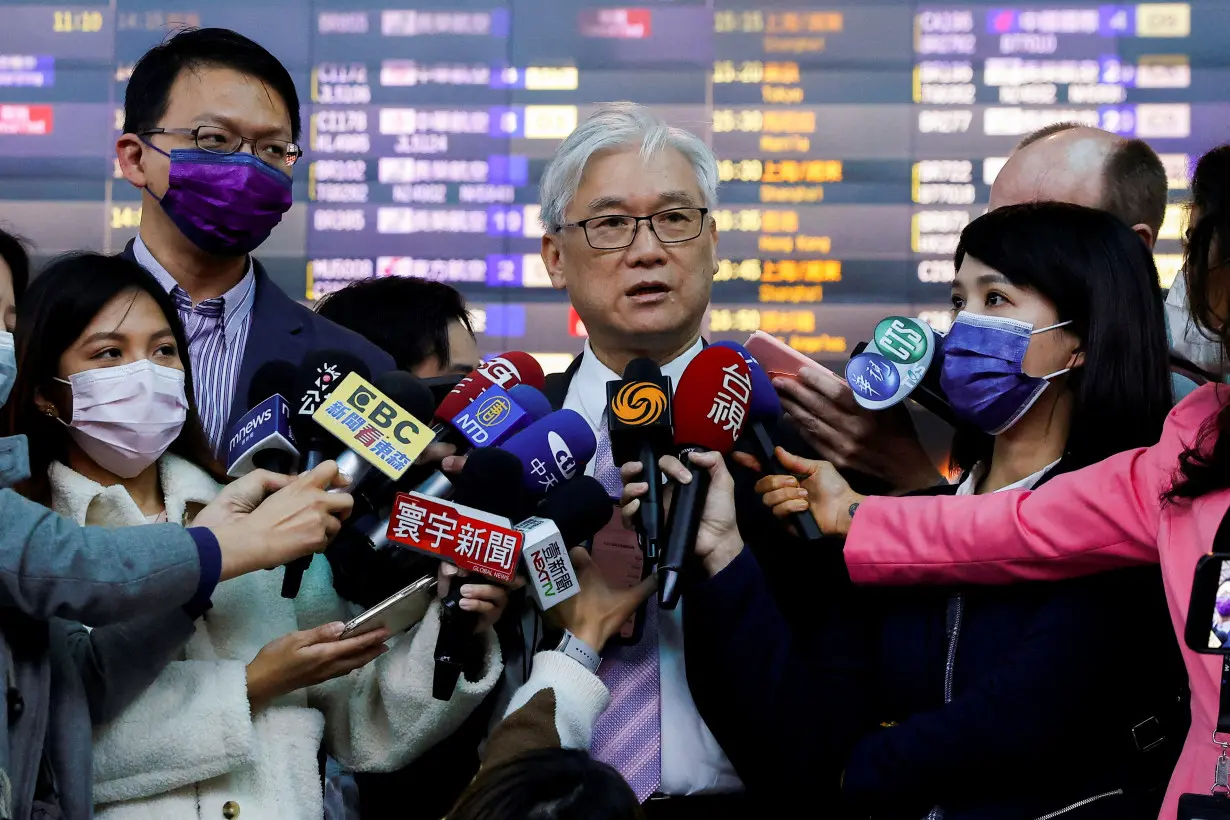 Andrew Hsia, deputy chairman of Taiwan's main opposition party the Kuomintang speaks to the media before traveling to China