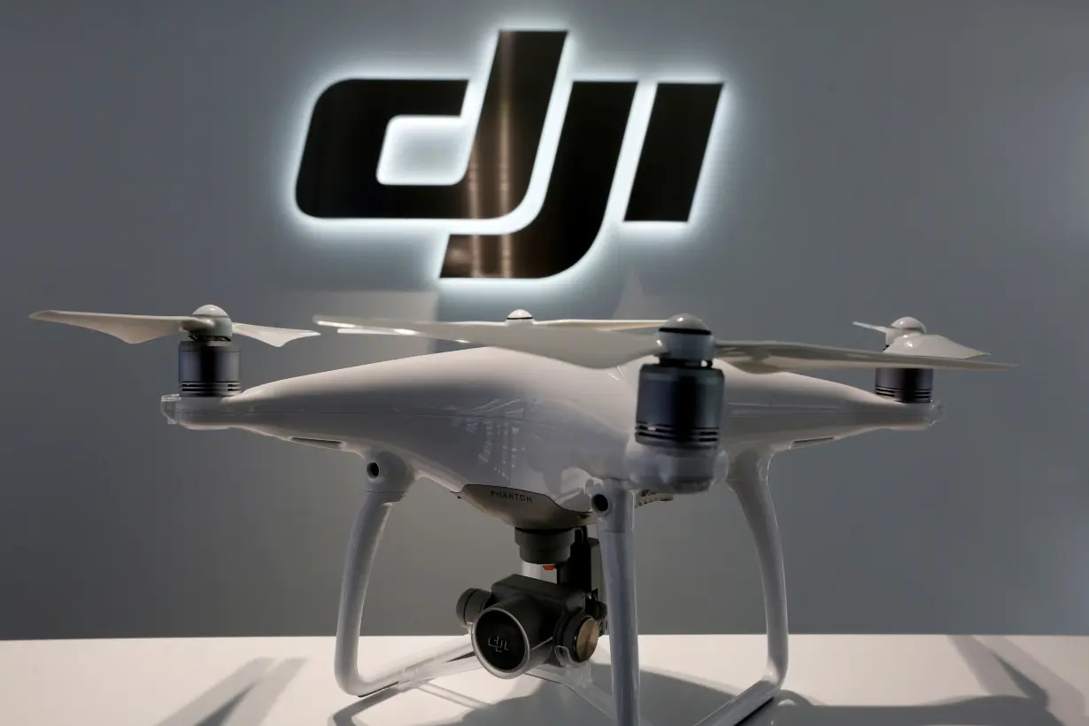 A drone is displayed at DJI's flagship store in Hong Kong