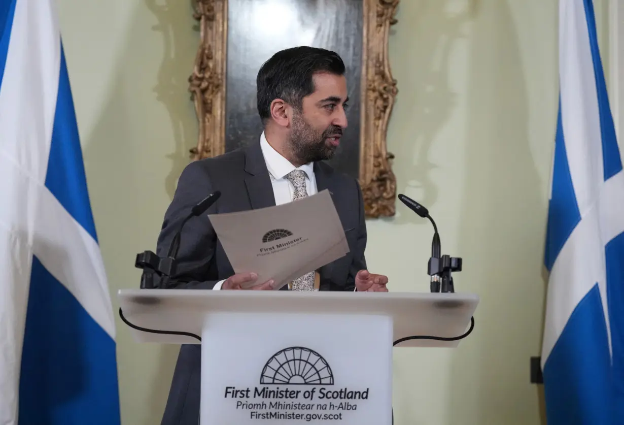 Scotland's First Minister Humza Yousaf speaks during a press conference at Bute House