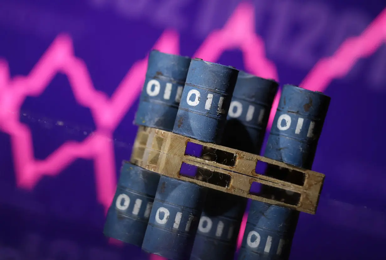 Illustration shows miniatures of oil barrels and rising stock graph