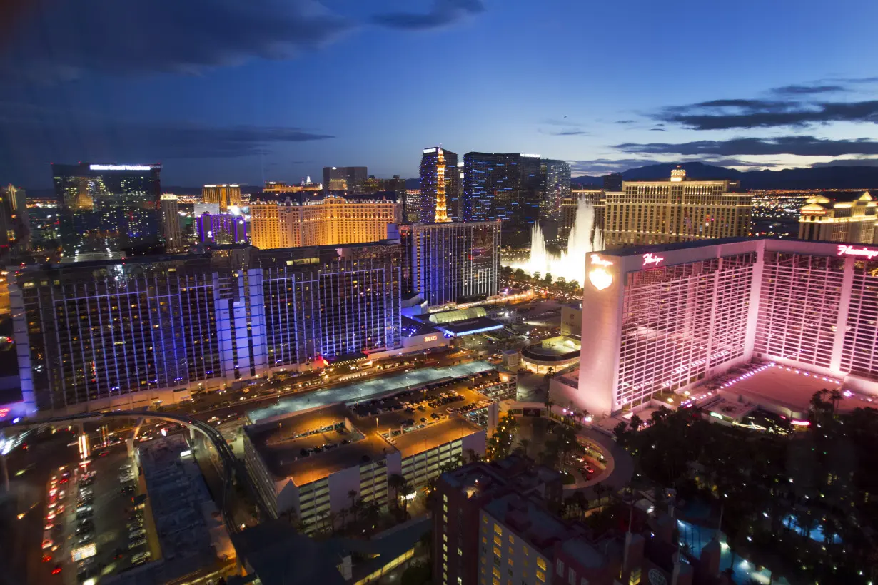 FILE PHOTO: Las Vegas Strip casinos are seen from the 550 foot-tall (167.6 m) High Roller observation wheel, the tallest in the world, in Las Vegas