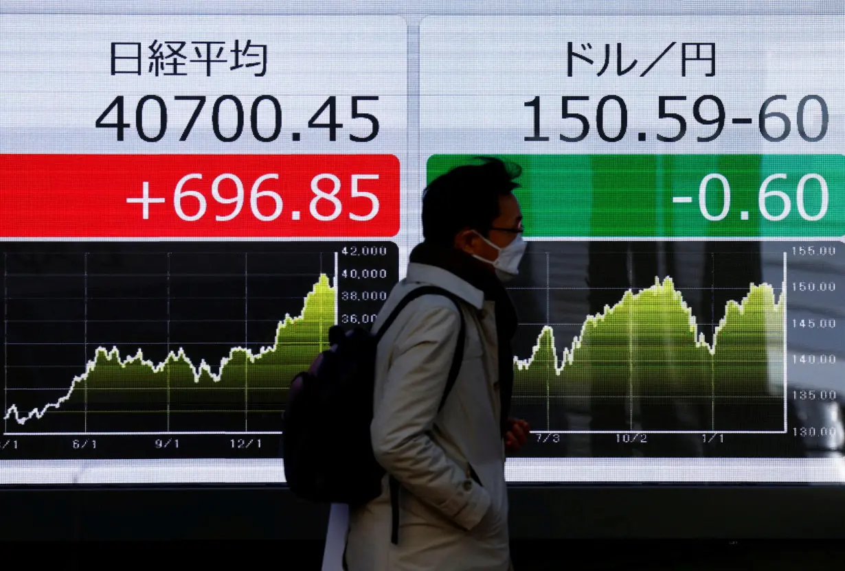 FILE PHOTO: A man walks past an electric screen displaying Japan's Nikkei share average and the current Japanese Yen exchange rate against the U.S. dollar outside a brokerage in Tokyo