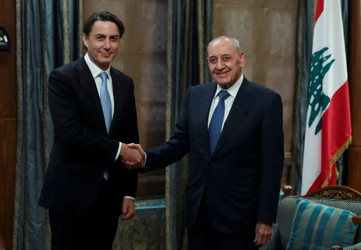 Lebanese Parliament Speaker Nabih Berri shakes hands with U.S. envoy Amos Hochstein in Beirut