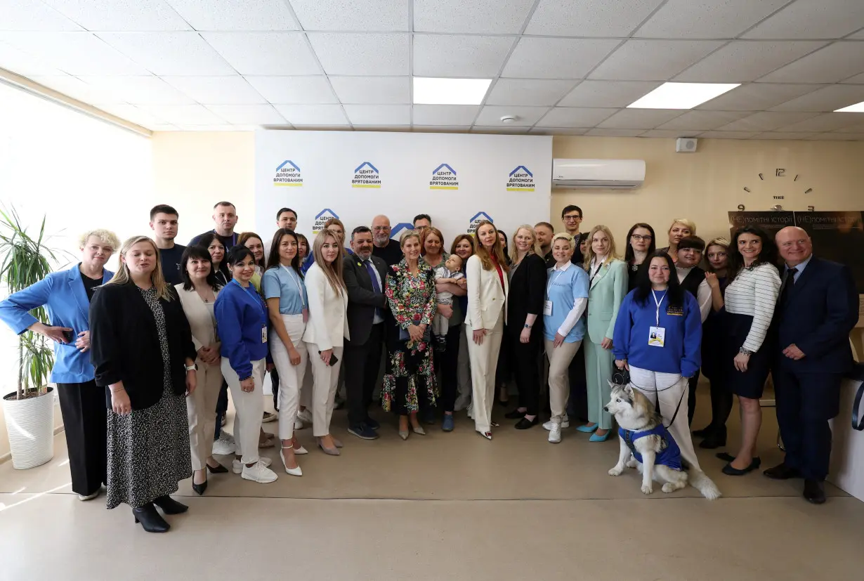 Britain's Sophie, Duchess of Edinburgh poses for a family picture, as she visits the UNFPA office in Kyiv