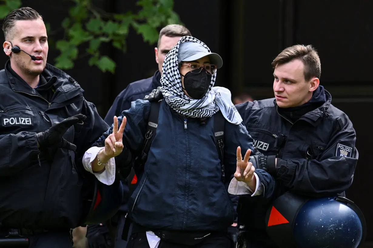 Pro-Palestinian demonstrators occupy a courtyard at Freie Universitat (FU) Berlin