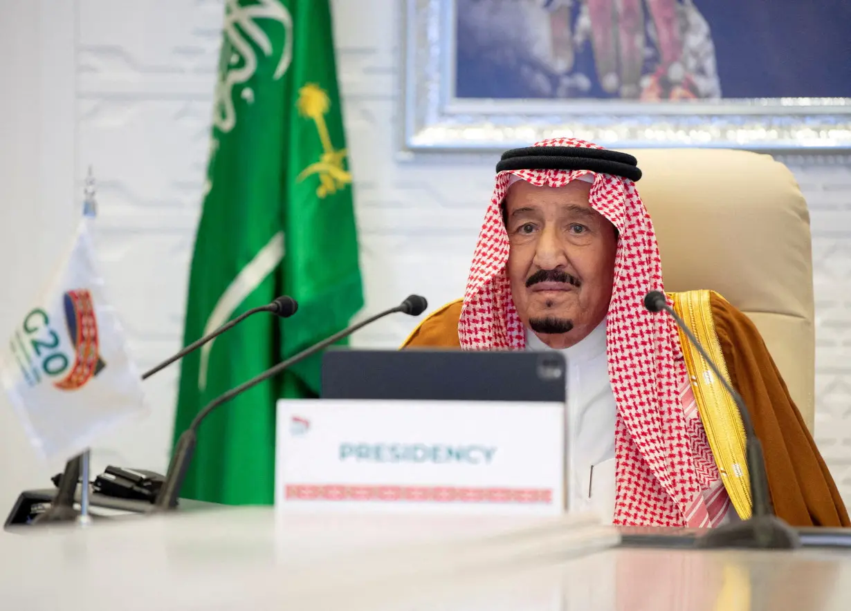 FILE PHOTO: Saudi King Salman bin Abdulaziz gives virtual speech during an opening session of the 15th annual G20 Leaders' Summit in Riyadh