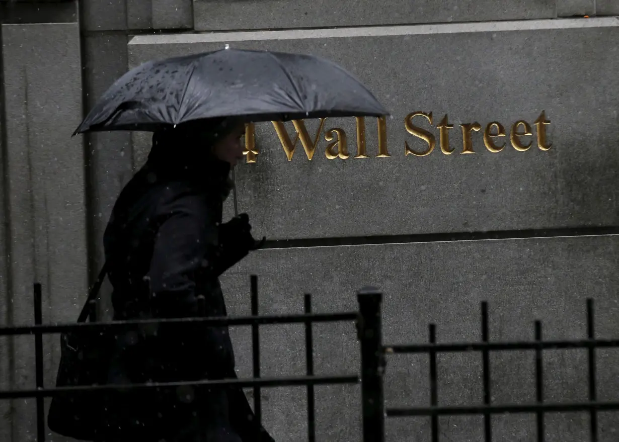 FILE PHOTO: A man carries an umbrella during a morning snow fall on Wall St. in New York's financial district