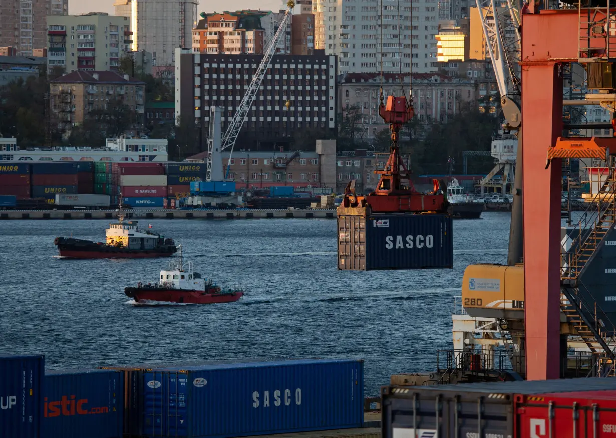 A view shows shipping containers at a commercial port in Vladivostok