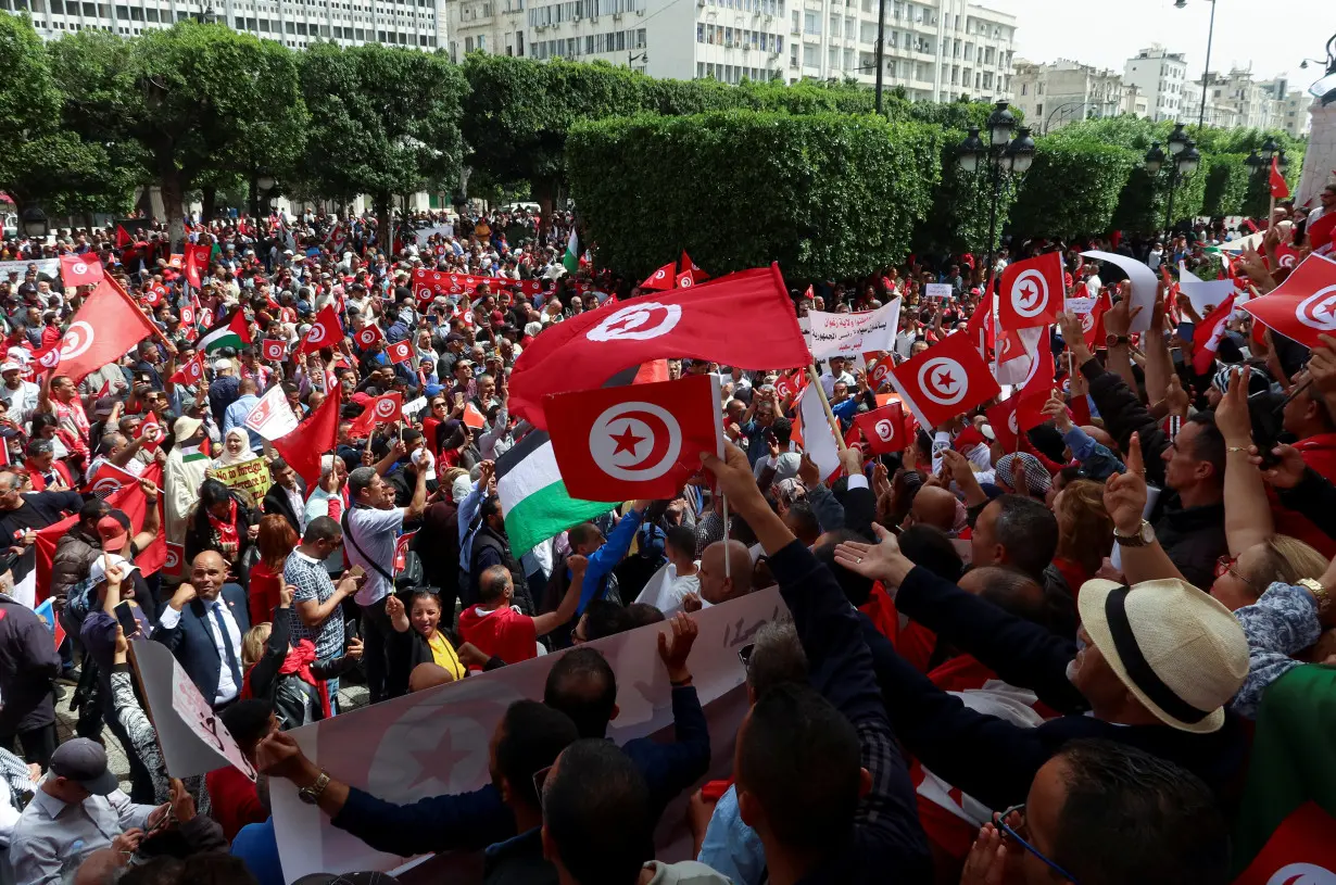 Supporters of Tunisian President Kais Saied carry flags and signs during a demonstration in Tunis