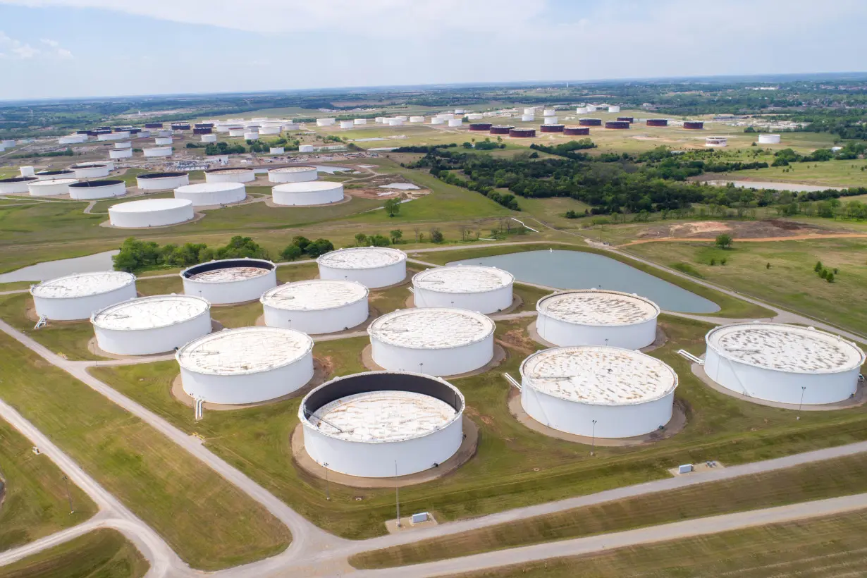 Crude oil storage tanks are seen in an aerial photograph at the Cushing oil hub