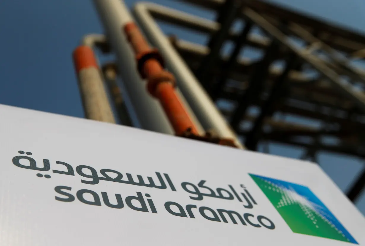 Saudi Aramco logo is pictured at the oil facility in Abqaiq