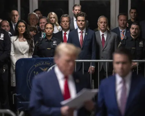 Matt Gaetz evokes 'standing by' language adopted by Proud Boys as he attends court with Donald Trump