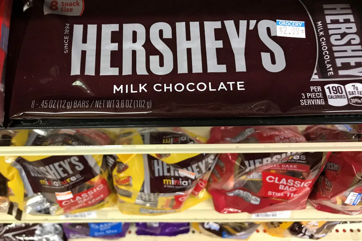 FILE PHOTO: Hershey's chocolates are pictured for sale on a store shelf in the Manhattan borough of New York City