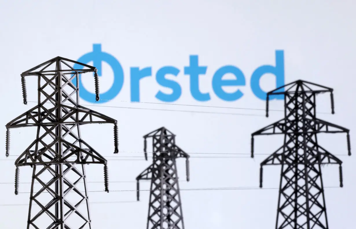 Illustration shows Electric power transmission pylon miniatures and Orsted logo