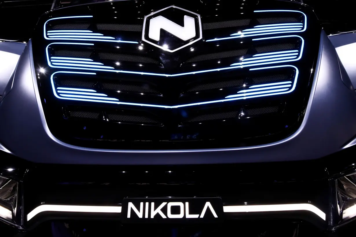 U.S. Nikola's logo is pictured at an event held to present CNH's new full-electric and Hydrogen fuel-cell battery trucks in partnership with U.S. Nikola event in Turin