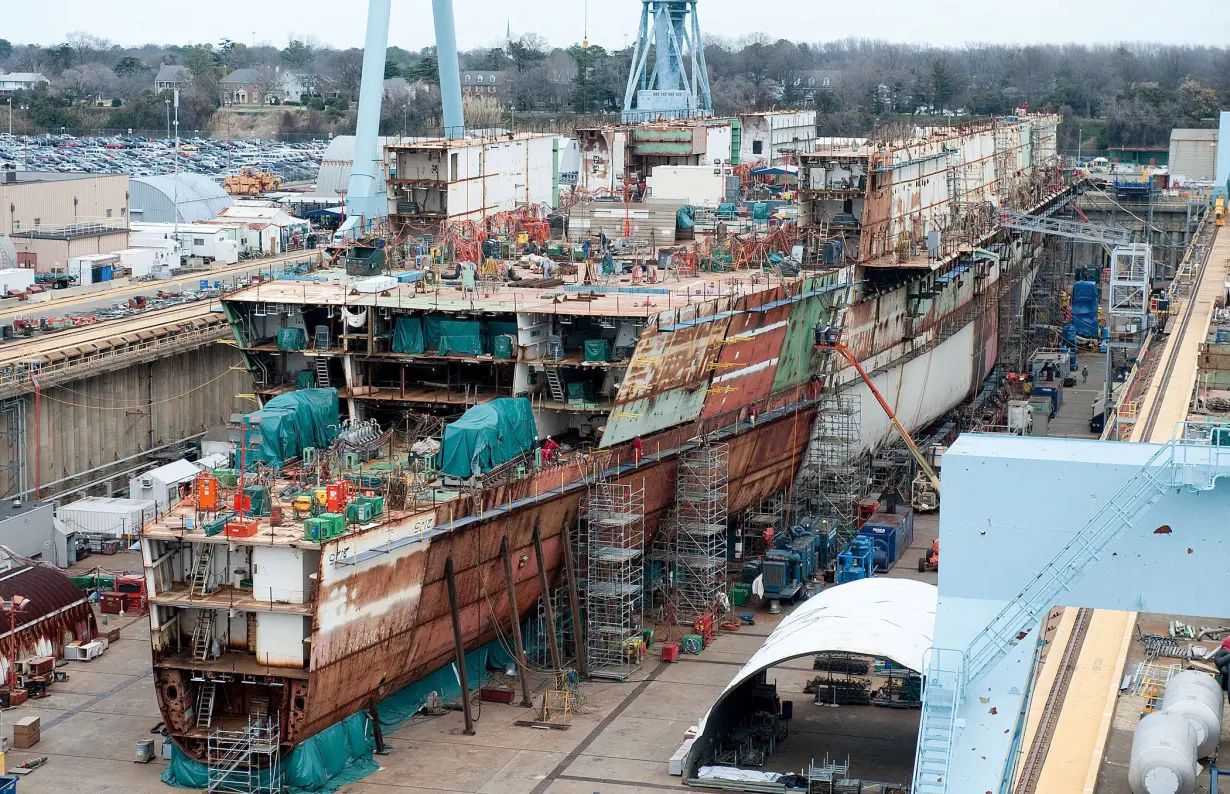 The aircraft carrier Gerald R. Ford (CVN 78) is under construction at Huntington Ingalls Industries-Newport News Shipbuilding in Newport News