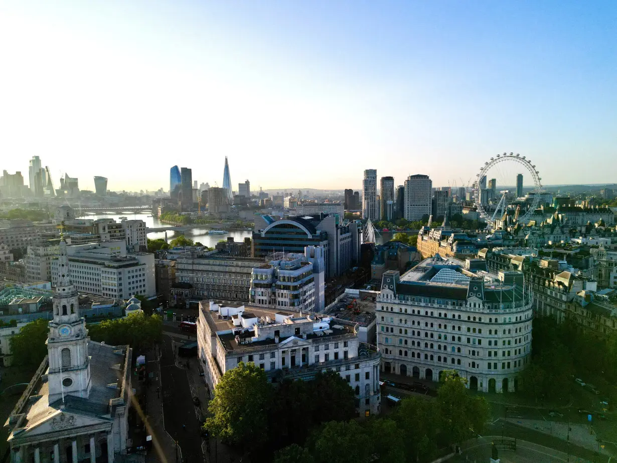 FILE PHOTO: A drone view of London's skyline after daybreak