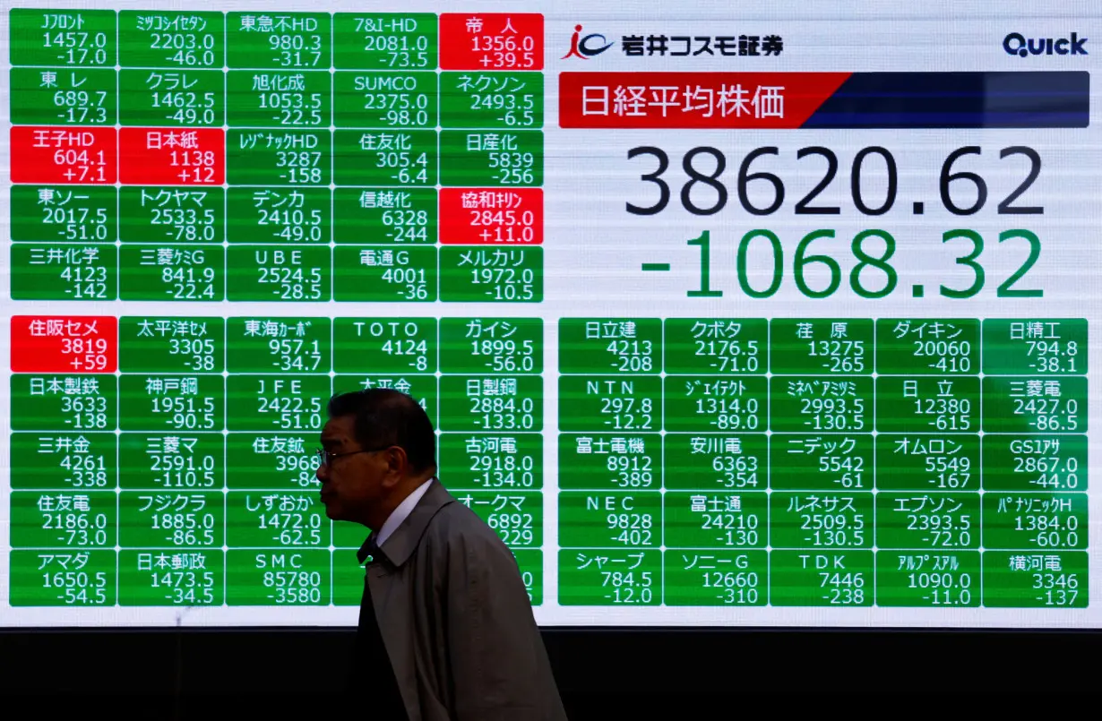 A passerby walks past an electric screen displaying Japan's Nikkei share average and stock prices in Tokyo