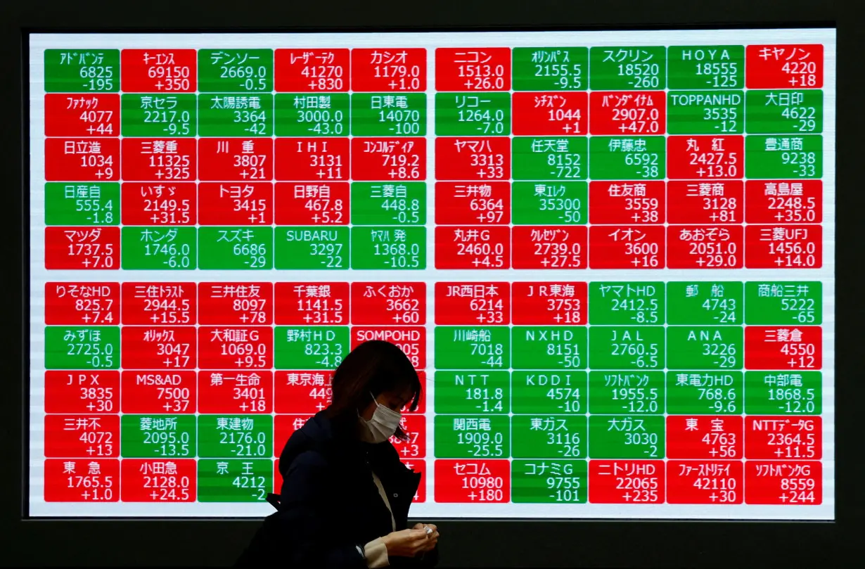FILE PHOTO: A passerby walks past Japan's Nikkei stock prices quotation board outside a brokerage in Tokyo