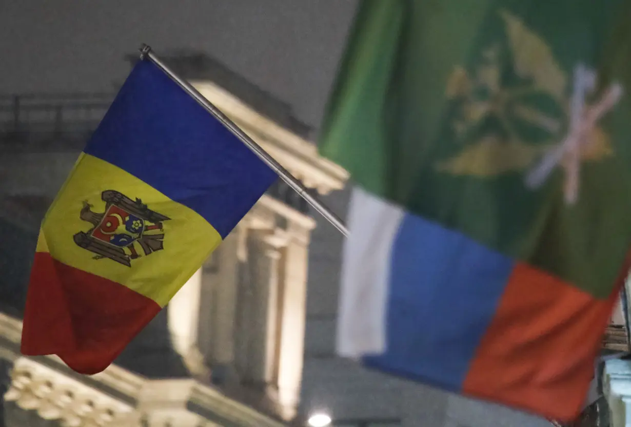 The state flag of Moldova flies outside the country's embassy in Moscow