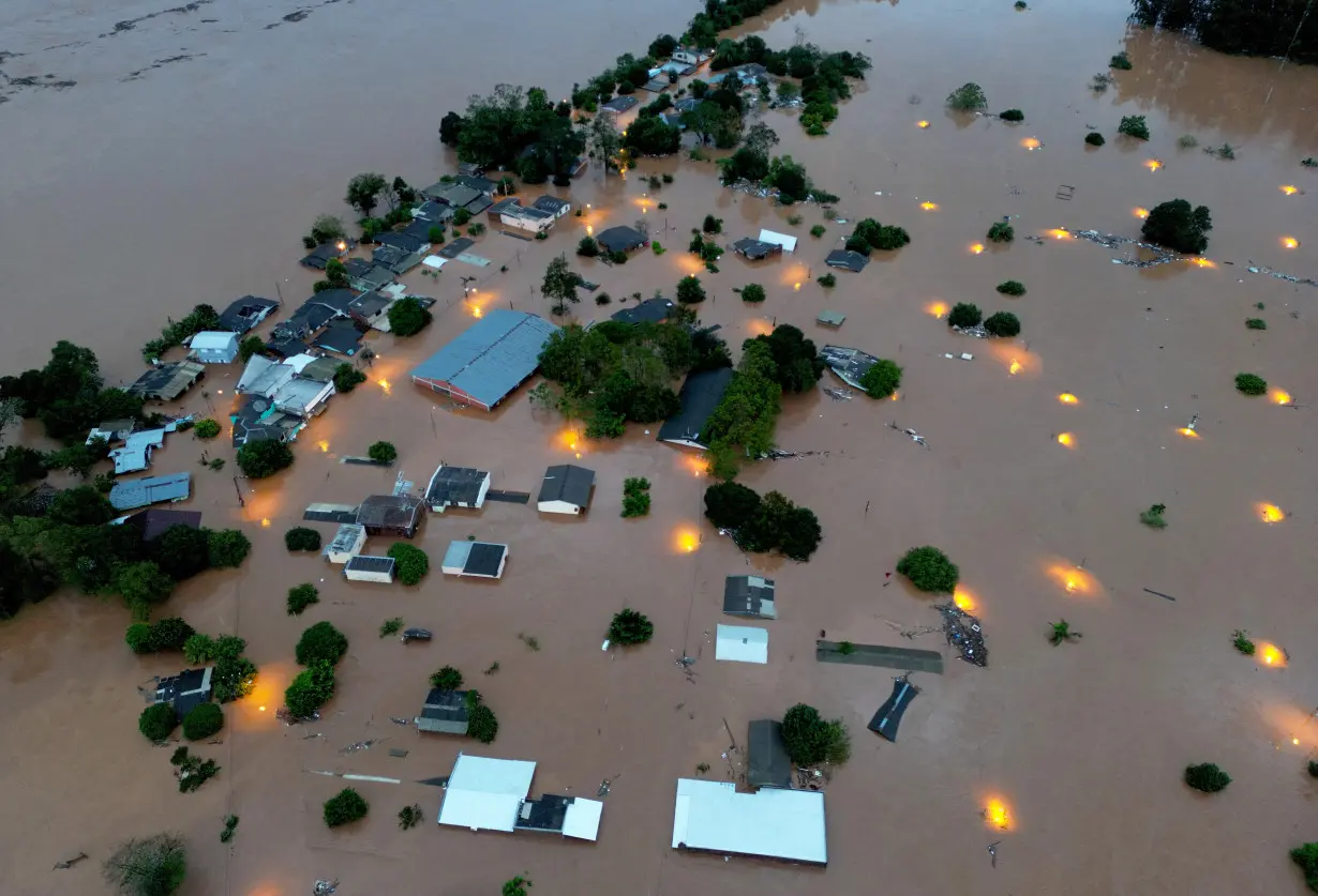 A drone view of the flooded area next to the Taquari River during heavy rains in the city of Encantado