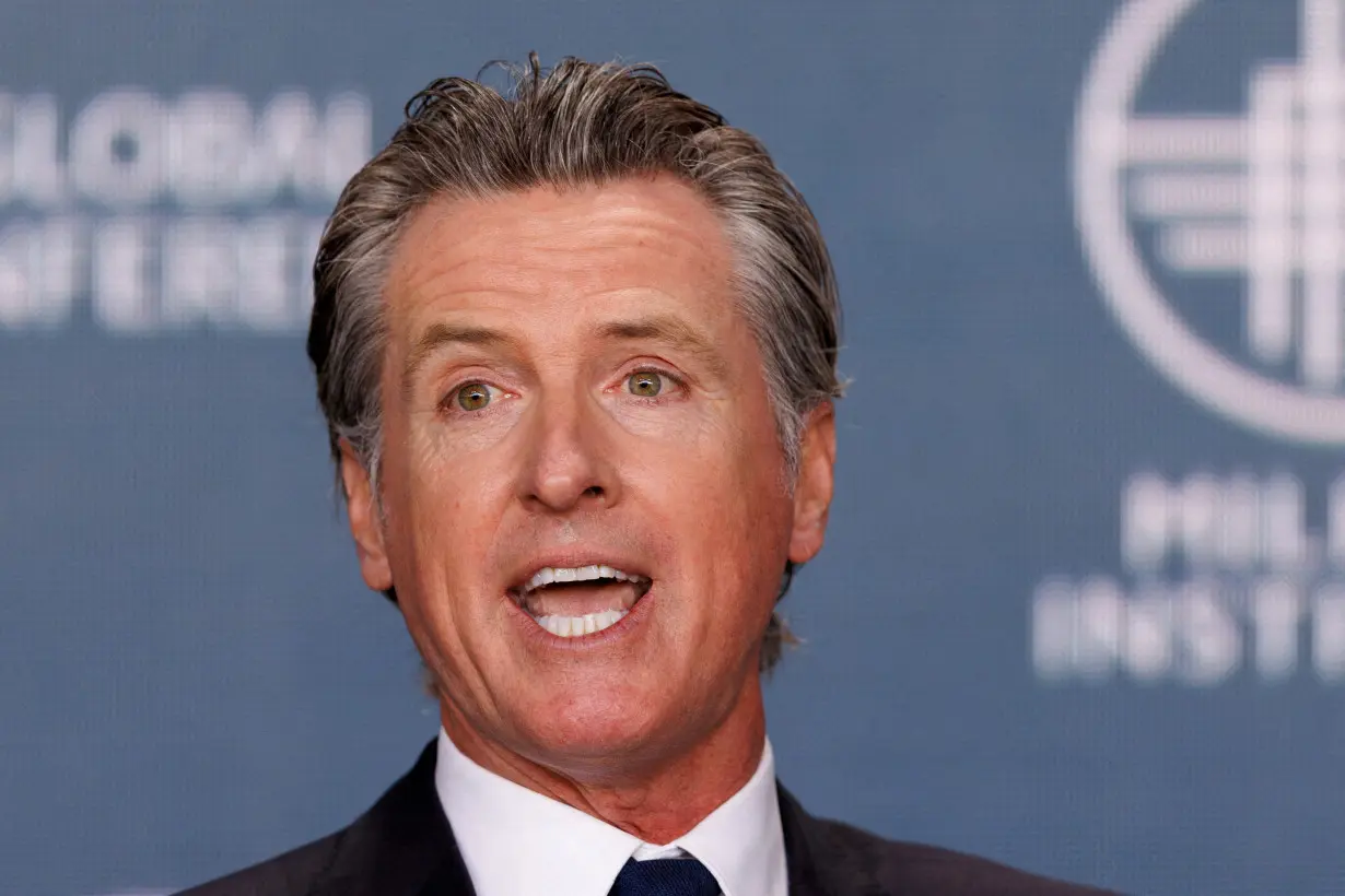 FILE PHOTO: Gavin Newsom, governor of the State of California, speaks at the 2023 Milken Institute Global Conference in Beverly Hills