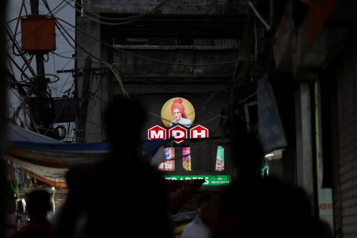 FILE PHOTO: A view of the logo of MDH, an Indian spice manufacturing company, on a shop in the old quarters of Delhi
