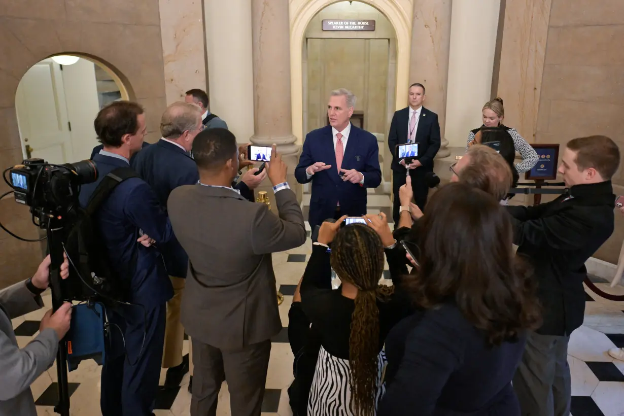 U.S. House Speaker Kevin McCarthy speaks with reporters on Capitol Hill in Washington,