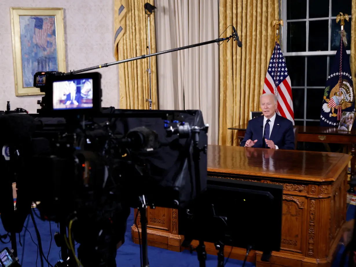 U.S. President Joe Biden delivers an address to the nation from the Oval Office of the White House in Washington