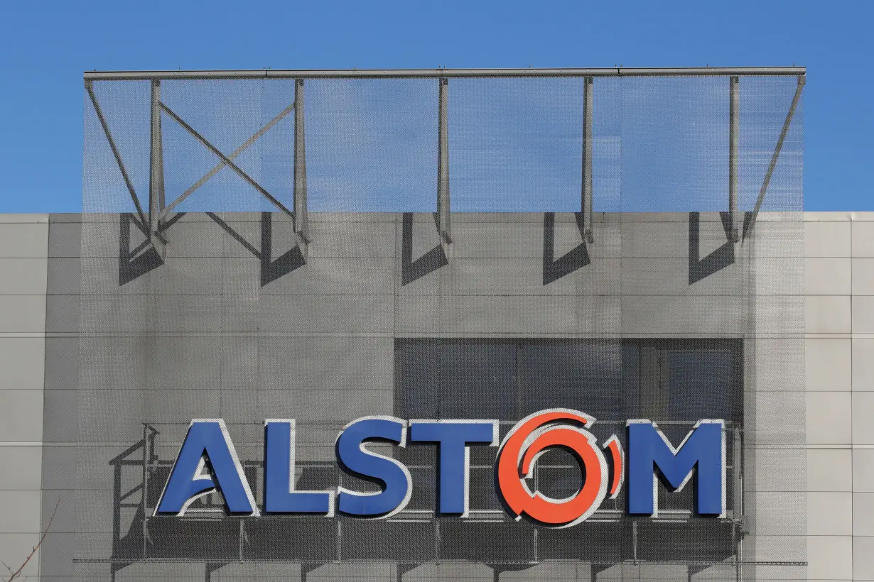 A logo of Alstom is seen at the Alstom's plant in Semeac near Tarbes