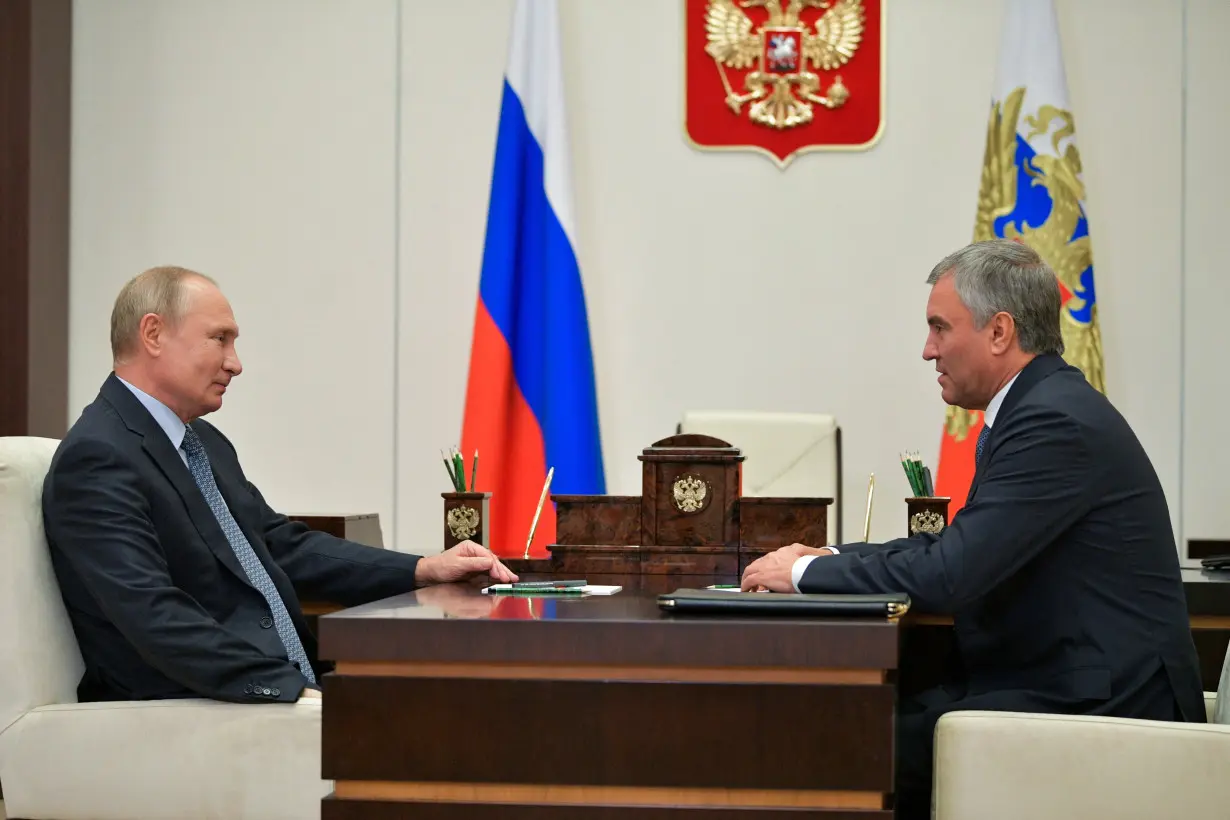 FILE PHOTO: Russian President Vladimir Putin meets with State Duma Speaker Vyacheslav Volodin outside Moscow