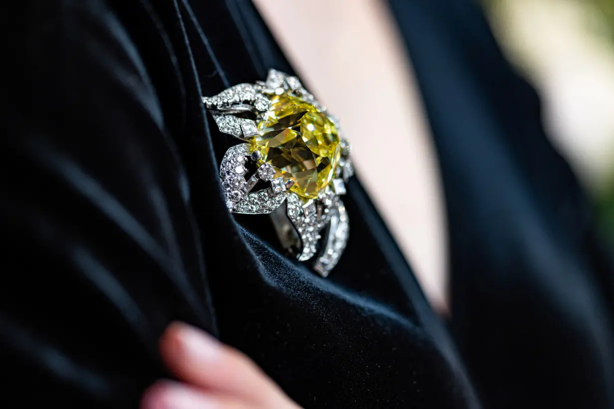 The Allnatt, a 101.29-carat yellow diamond is displayed ahead of auction in Geneva