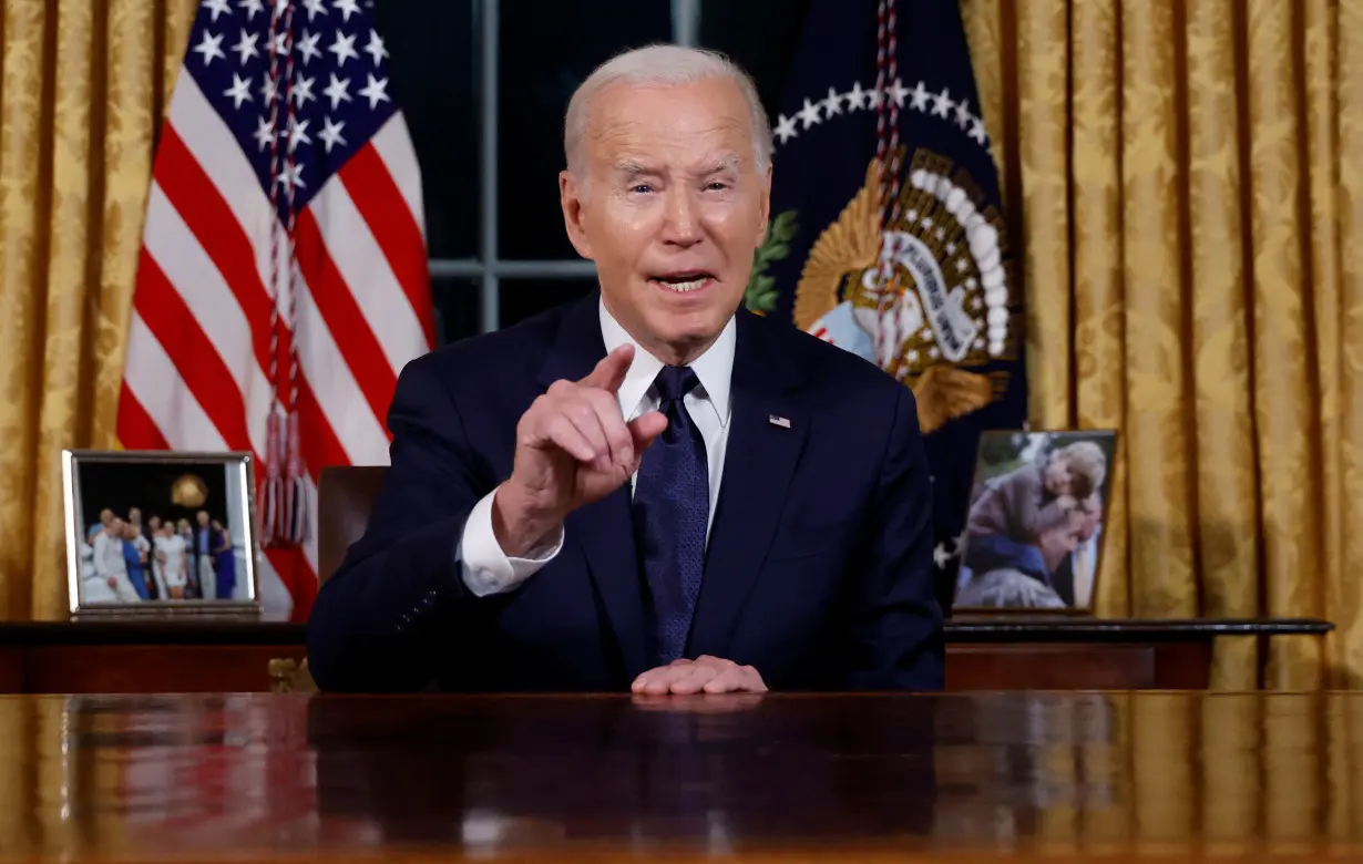 U.S. President Joe Biden delivers an address to the nation from the Oval Office of the White House in Washington