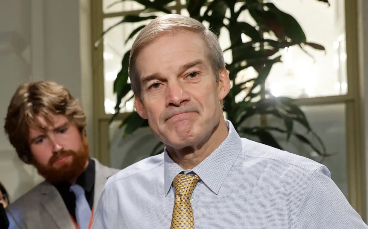 Rep. Jim Jordan talks to reporters after dropping out of the race for Speaker of the House at the U.S. Capitol in Washington