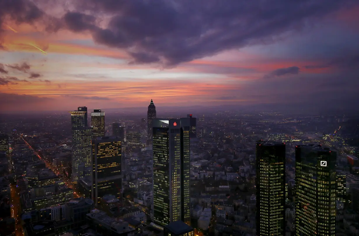 The skyline is photographed early evening in Frankfurt