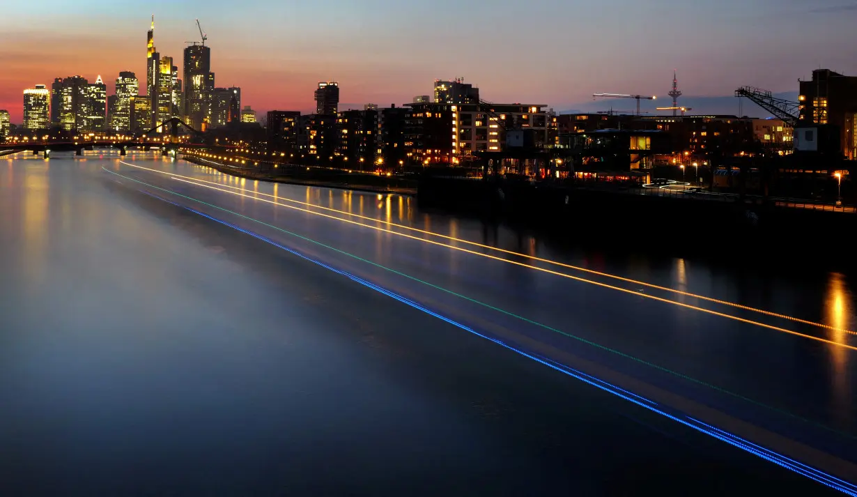 The skyline with the banking district is seen during sunset in Frankfurt