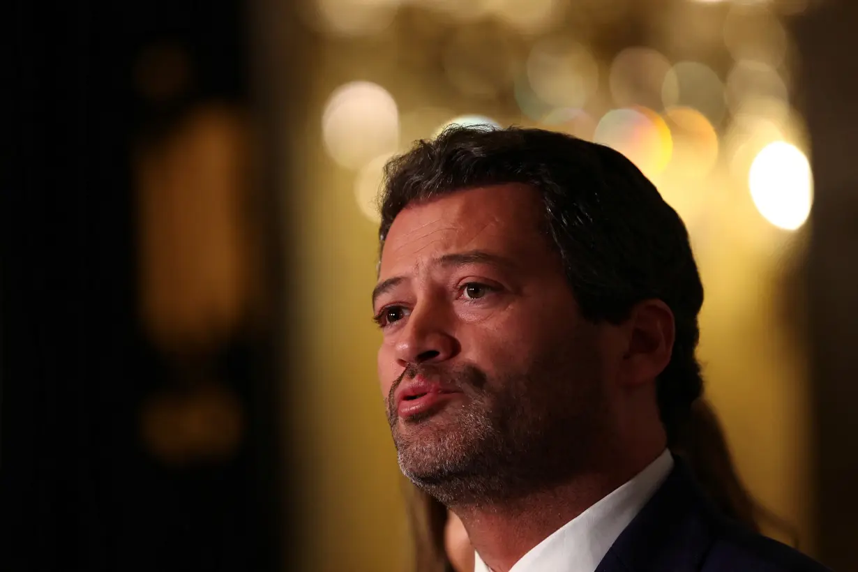 Far right political party Chega leader Andre Ventura talks to the press after meeting with Portugal President Marcelo Rebelo de Sousa in Belem Palace