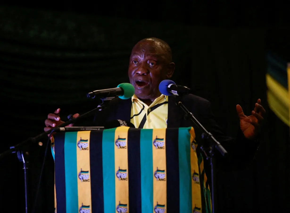 FILE PHOTO: South African President Cyril Ramaphosa speaks at an election rally in Chatsworth