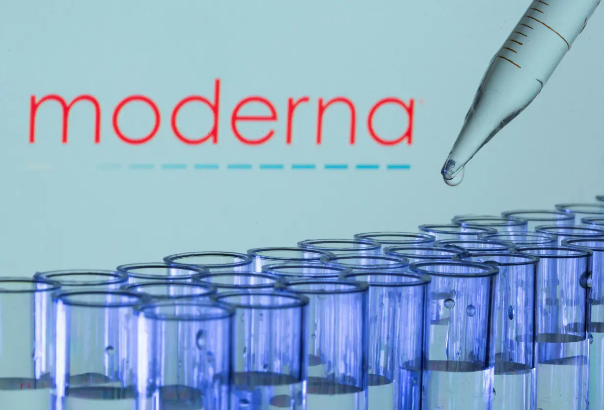 FILE PHOTO: Test tubes are seen in front of a displayed Moderna logo in this illustration