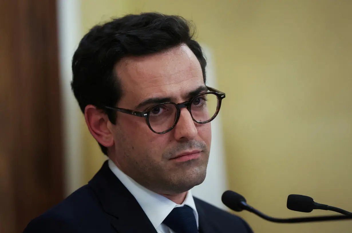 French Foreign Minister Stephane Sejourne attends a press conference at the Pine Residence, the official residence of the French ambassador to Lebanon, in Beirut