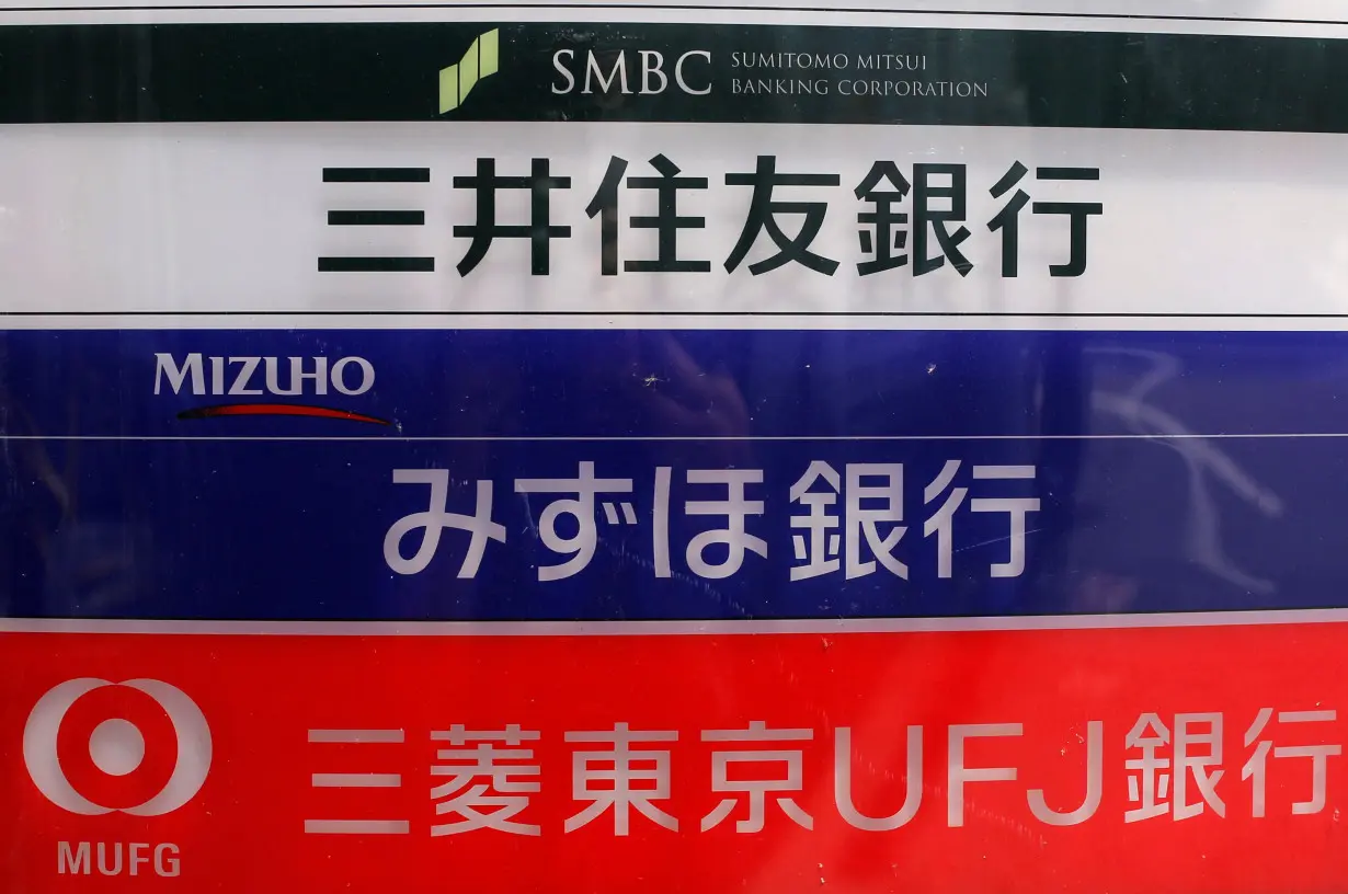 FILE PHOTO: Signboard of Japan's three mega banks, Sumitomo Mitsui Banking Corporation, Mizuho Bank and Bank of Tokyo-Mitsubishi UFJ, is pictured in Tokyo