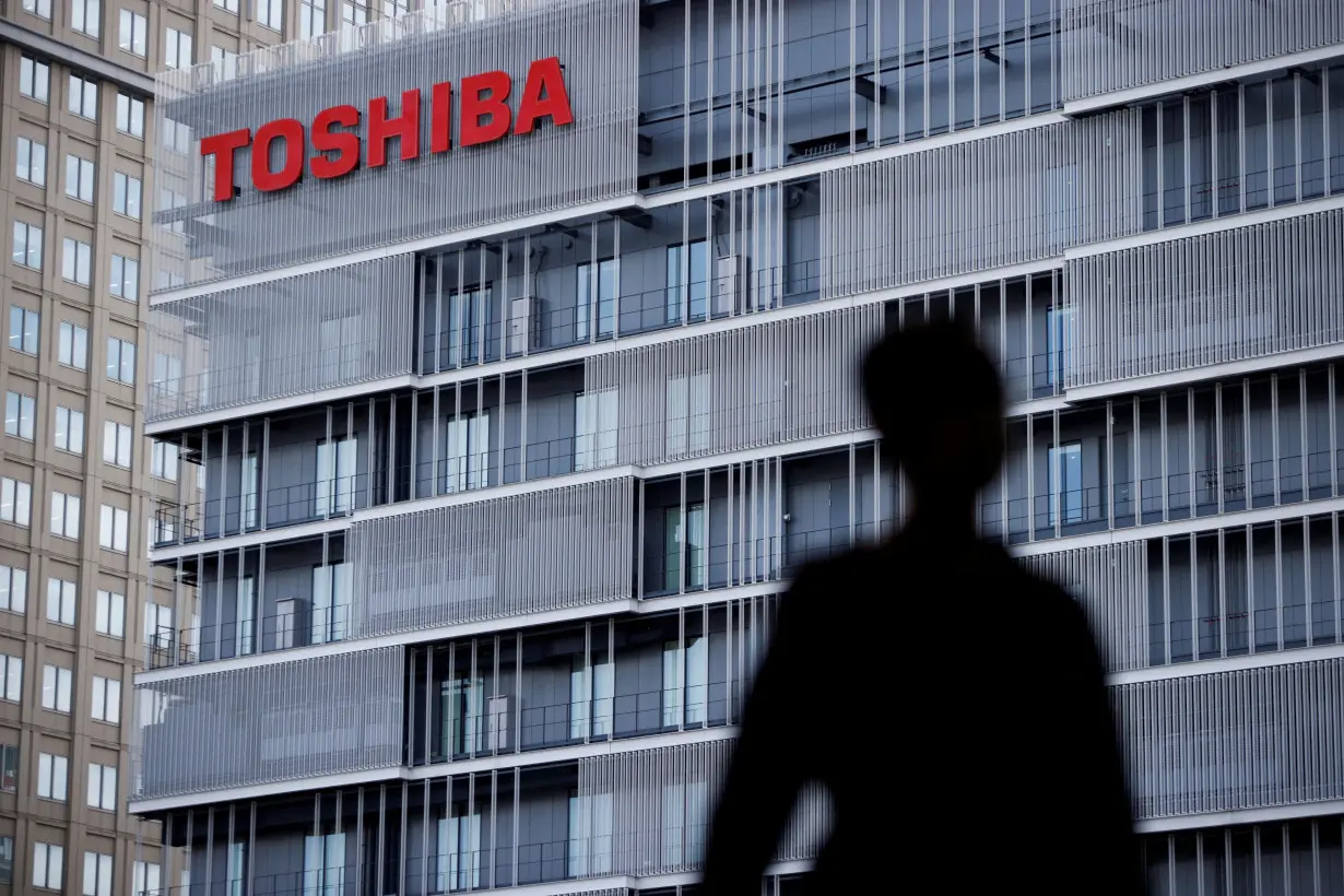 FILE PHOTO: The logo of Toshiba Corp displayed at the company's building in Kawasaki,