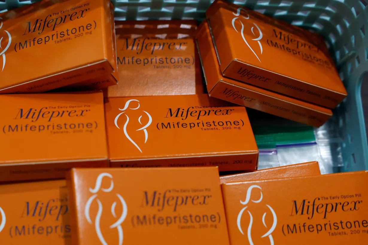 A container holding boxes of Mifepristone, the first medication in a medical abortion, are prepared for patients at Alamo Women's Clinic in Carbondale