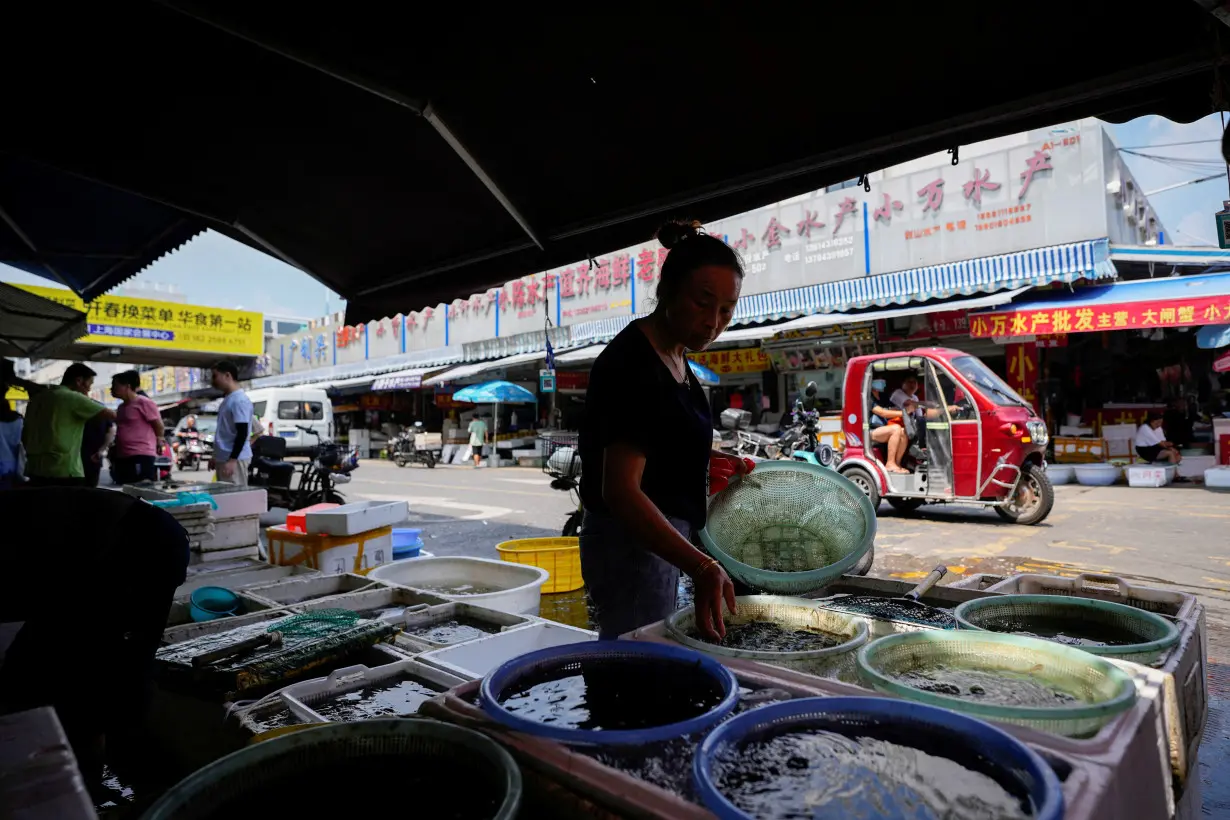 FILE PHOTO: A vendor works at her stall at a seafood market in Shanghai