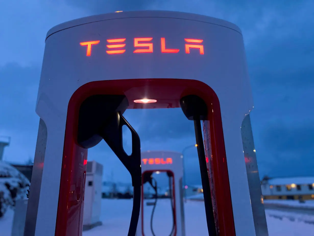 FILE PHOTO: Tesla electric vehicle chargers are seen during the winter in Hofn